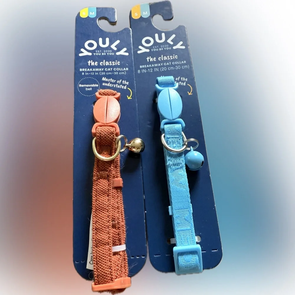 🐈 Lot of 2 YOULY Orange and Blue Pet Collars Set with Bells